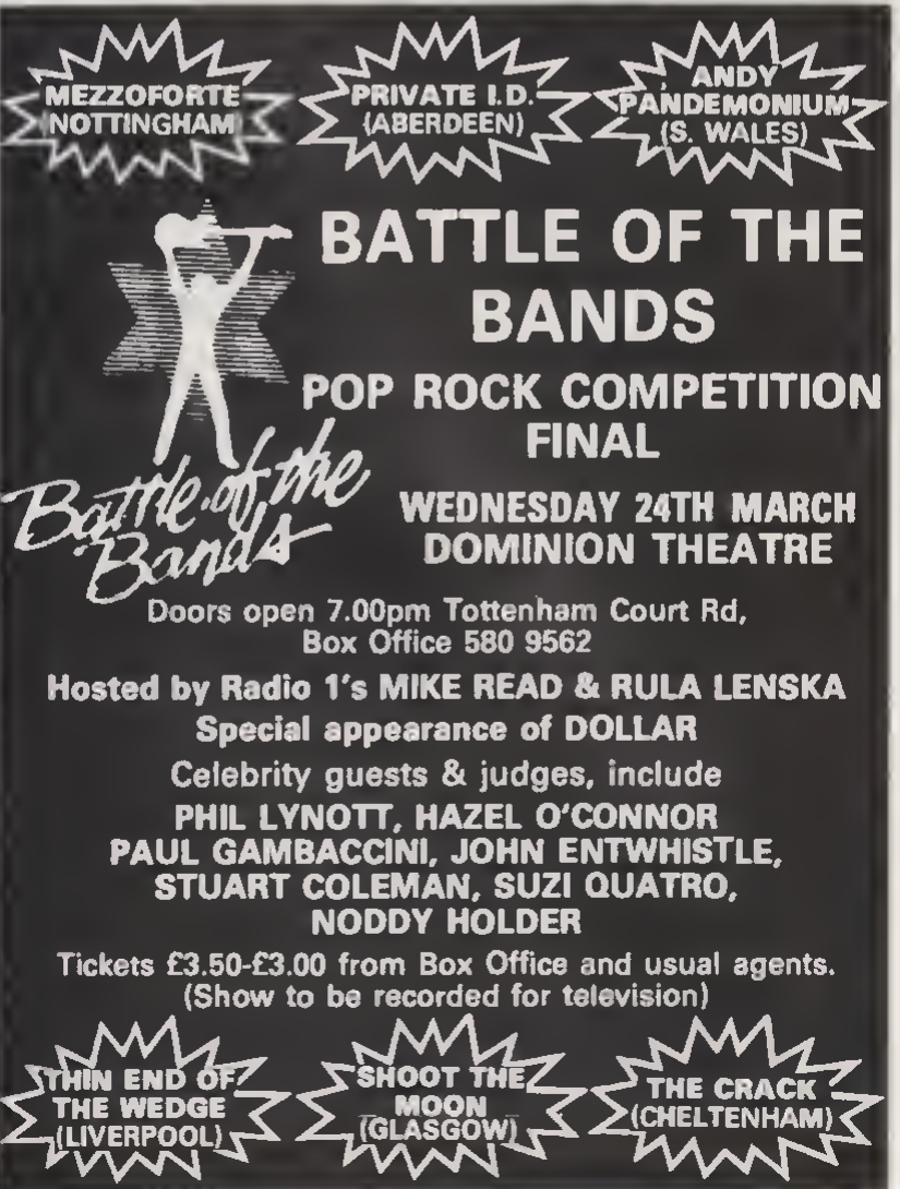 Contemporary Battle of the Bands final advert naming the Dominion Theatre on Wednesday 24 March 1982 and The Crack among the finalists